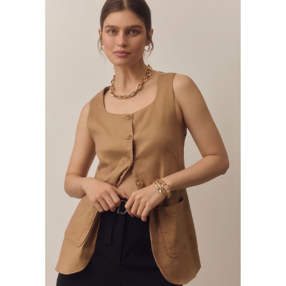 MAEVE | Mod Linen Square Neck Vest Women XL Brown Tan Button Front Anthropologie